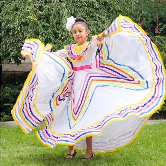 White With Colorful Ribbon Folklorico Dress